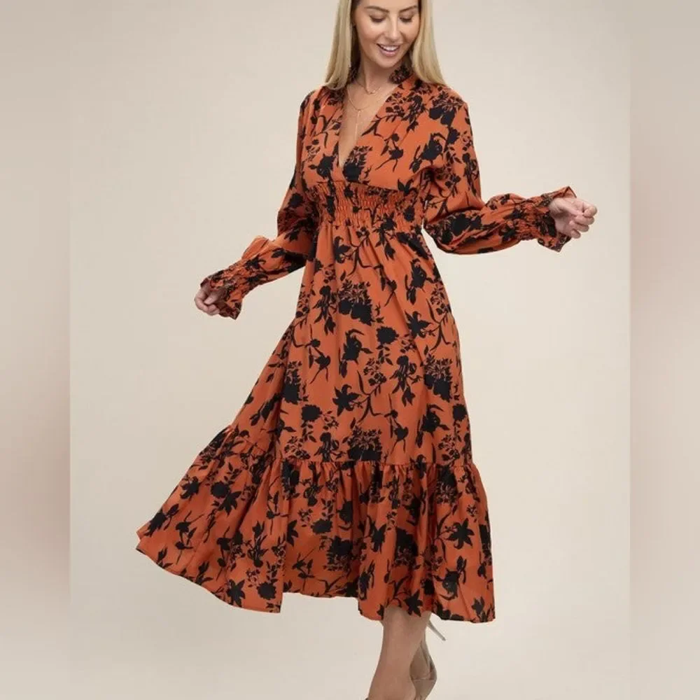 Floral Print Bishop Sleeve Shirred Dress - Picture 2 of 4